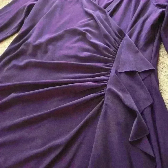 Black Label Evan Picone Purple Dress 3/4 Sleeve Ruched Ruffle|Size 10 #035 - Picture 2 of 5